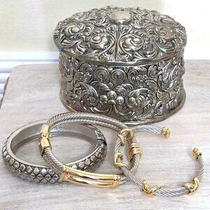 Silver plated scrolled jewelry box, keepsake box, vanity item, bracelets